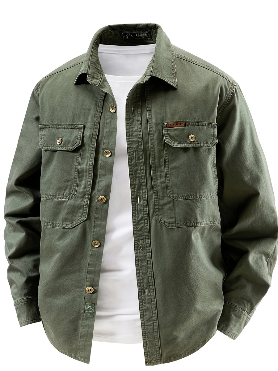 2pcs Men'S 100% Utility Long Sleeve Shirts, Spring/Autumn Vintage Washed Loose Fit, Stiff Non-Deformable Collar, Large Capacity Chest Pockets for Phone, Brass Metal Buttons, Straight Windproof Cuffs - Army Green+Blue