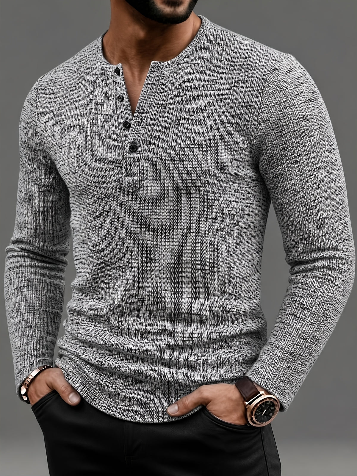 Men's Fashion Top, Autumn/Winter Outdoor Casual Breathable Bamboo Rayon Knot Knit Fabric, Round Neck Single-Breasted Button Long Sleeve Men's Henley Shirt - Silvery Grey
