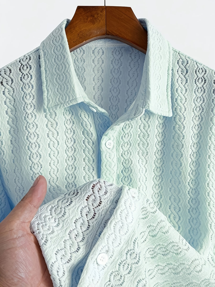New Men's Solid Color Stretch Knit Openwork Plaid Jacquard Lapel Button- Casual Lightweight Shirt, Suitable for Daily Wear, Street Fashion, Summer, Autumn Menswear - Light Blue