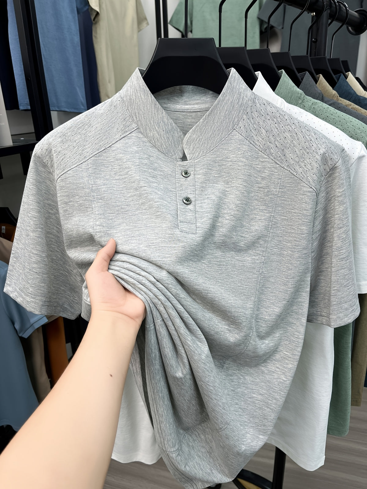 Men's New Summer Casual Stand Collar T-Shirt, Simple and Stylish Thin Breathable Versatile Short Sleeve Tee - Ash
