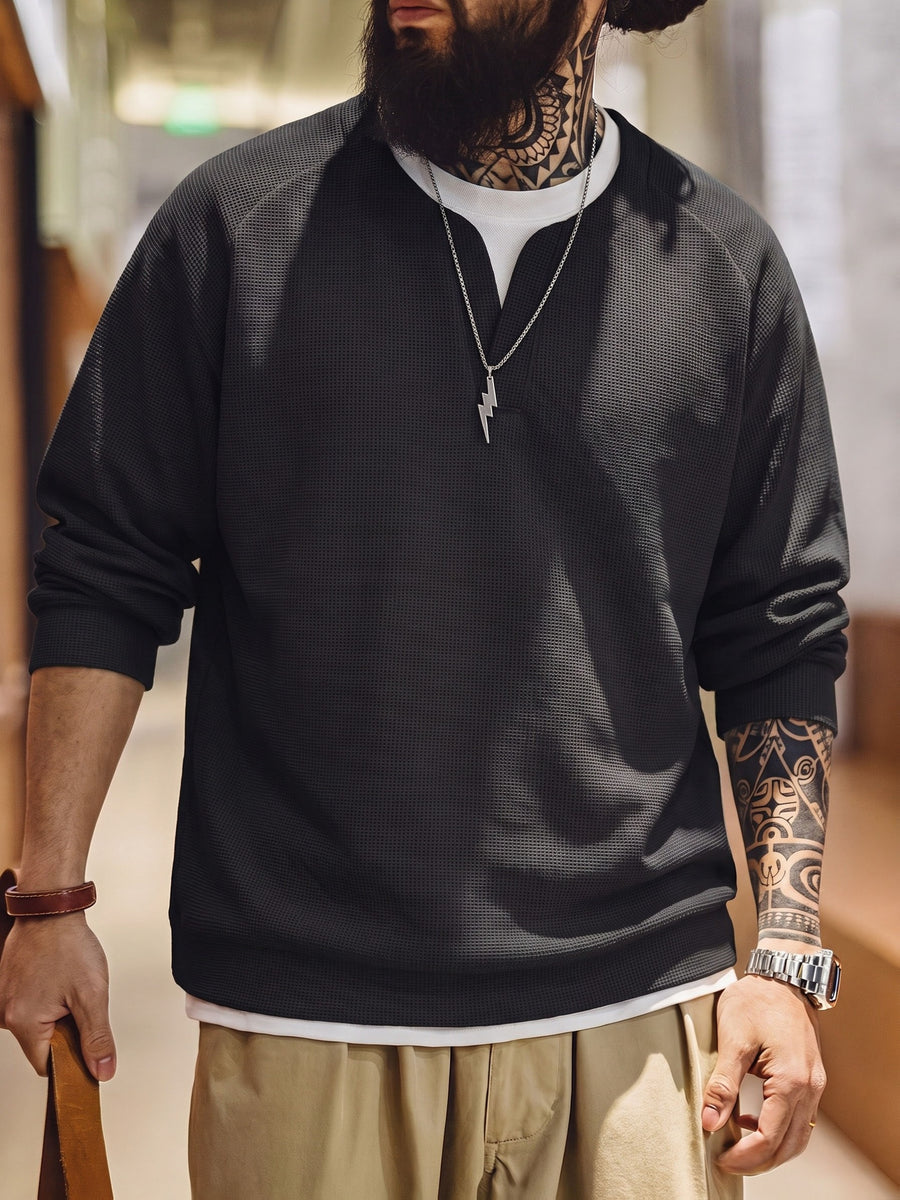 Men'S Long Sleeve Sweatshirt, Loose Fit, Waffle Fake Two-Piece Top, Spring/Autumn Casual Commute Wear, Men'S Casual Top, Men'S Gift, Spring/Autumn/Winter Holiday Wear, Ideal Gift Choice - Black