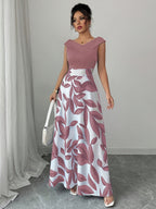 An Elegant V-Neck Floral Print A-Line Maxi Dress with Pockets - Featuring a Leaf Pattern, Short Sleeves, a Cinched Waist, And a Flowing Skirt, Perfect for Summer, Suitable for Both Casual And Formal Wear - Pink