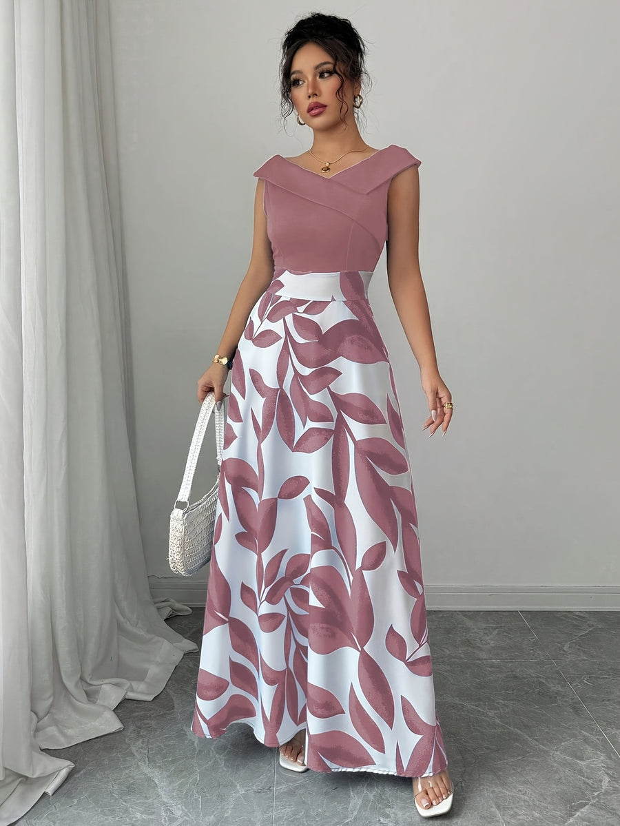 An Elegant V-Neck Floral Print A-Line Maxi Dress with Pockets - Featuring a Leaf Pattern, Short Sleeves, a Cinched Waist, And a Flowing Skirt, Perfect for Summer, Suitable for Both Casual And Formal Wear - Pink
