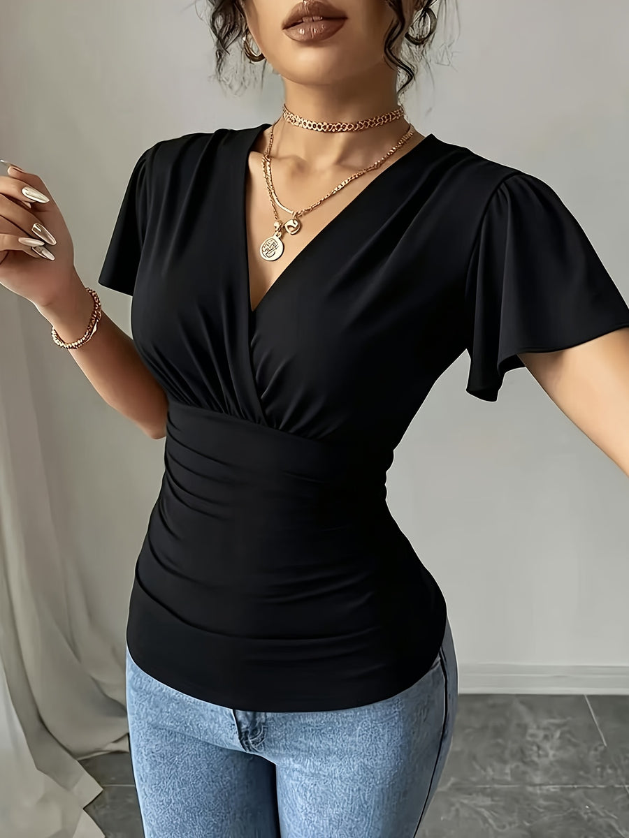 Women'S Spring Summer Casual V-Neck Solid Color Commuter T-Shirt - Black