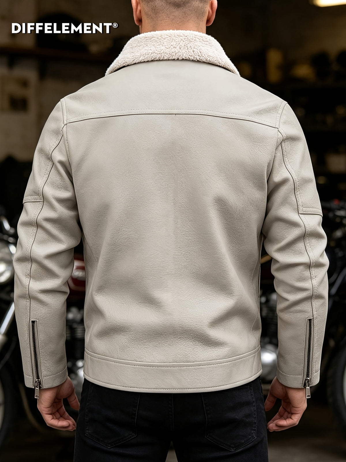 Men's Plush Lapel -Lined PU Motorcycle Jacket with Thickened Warm Lining, Vintage Texture Fabric, Multiple Zipper Pockets, Slim Fit Short Style, Autumn/Winter Riding Commuting American Casual Wear, Wear-Resistant and Windproof Lapel Outerwear Winter - Off-white