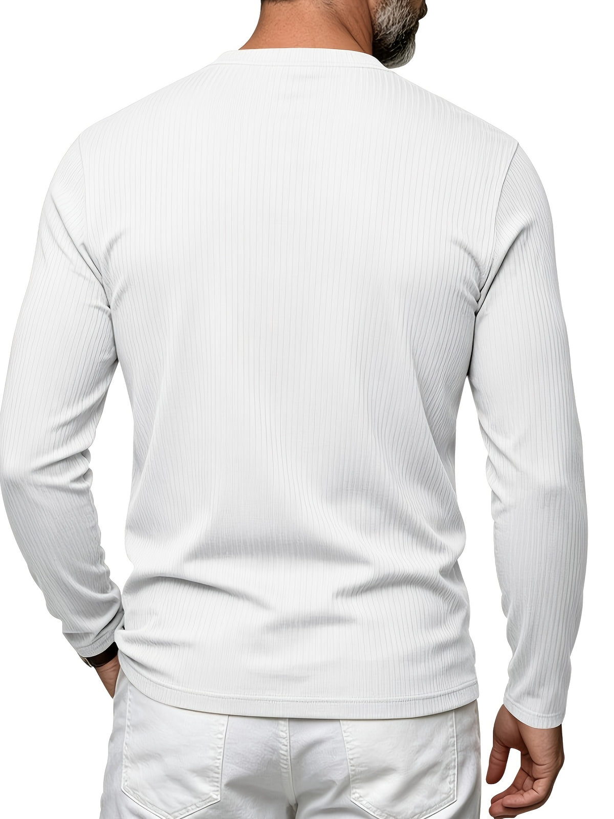Men's Vertical Pin-Stripe V-Neck Henley Long-Sleeve T-Shirt, Slim Fit Stretch Textured Top, Spring/Autumn Casual Base Layer Men's Apparel - White