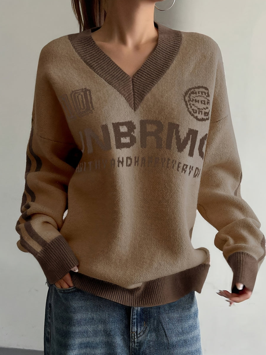 Women's Designer Academic Style V-Neck Vintage Streetwear Sweatshirt with American Lettering and Color Blocking - Coffee Color