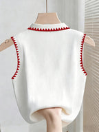 Women'S Sleeveless Polo Shirt, Cherry Embroidered Ribbed Top, Casual Button Collar Blouse - White