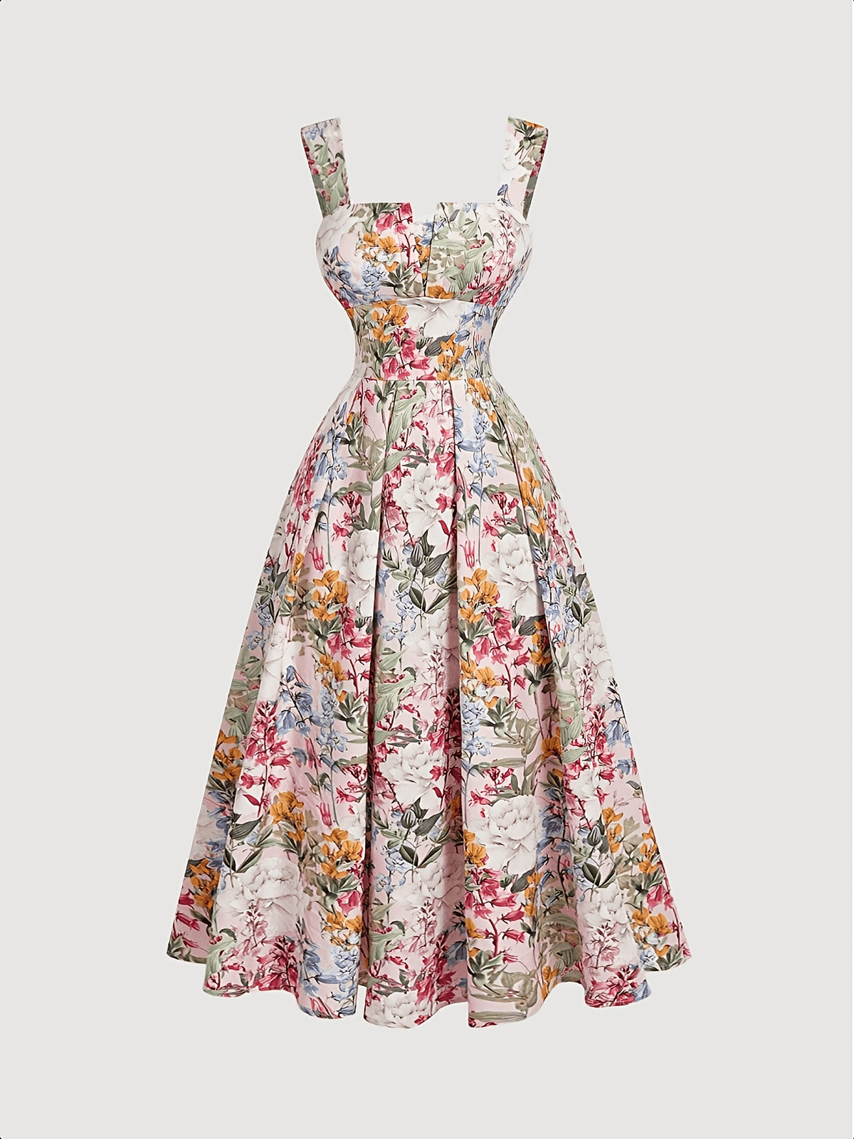 Women's Spring/Summer Romantic Floral Print Waist-Cinching Elegant Thick Spaghetti Suspender Dress for Vacation and Dates - Pink 2