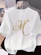 Women's Casual Short Sleeved T-shirt - M Letter Pattern Print, Regular Round Neck Top, Suitable for All Seasons, Women's Clothing - White