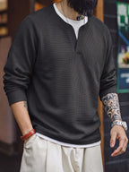 Men'S Long Sleeve Sweatshirt, Loose Fit, Waffle Fake Two-Piece Top, Spring/Autumn Casual Commute Wear, Men'S Casual Top, Men'S Gift, Spring/Autumn/Winter Holiday Wear, Ideal Gift Choice - Black