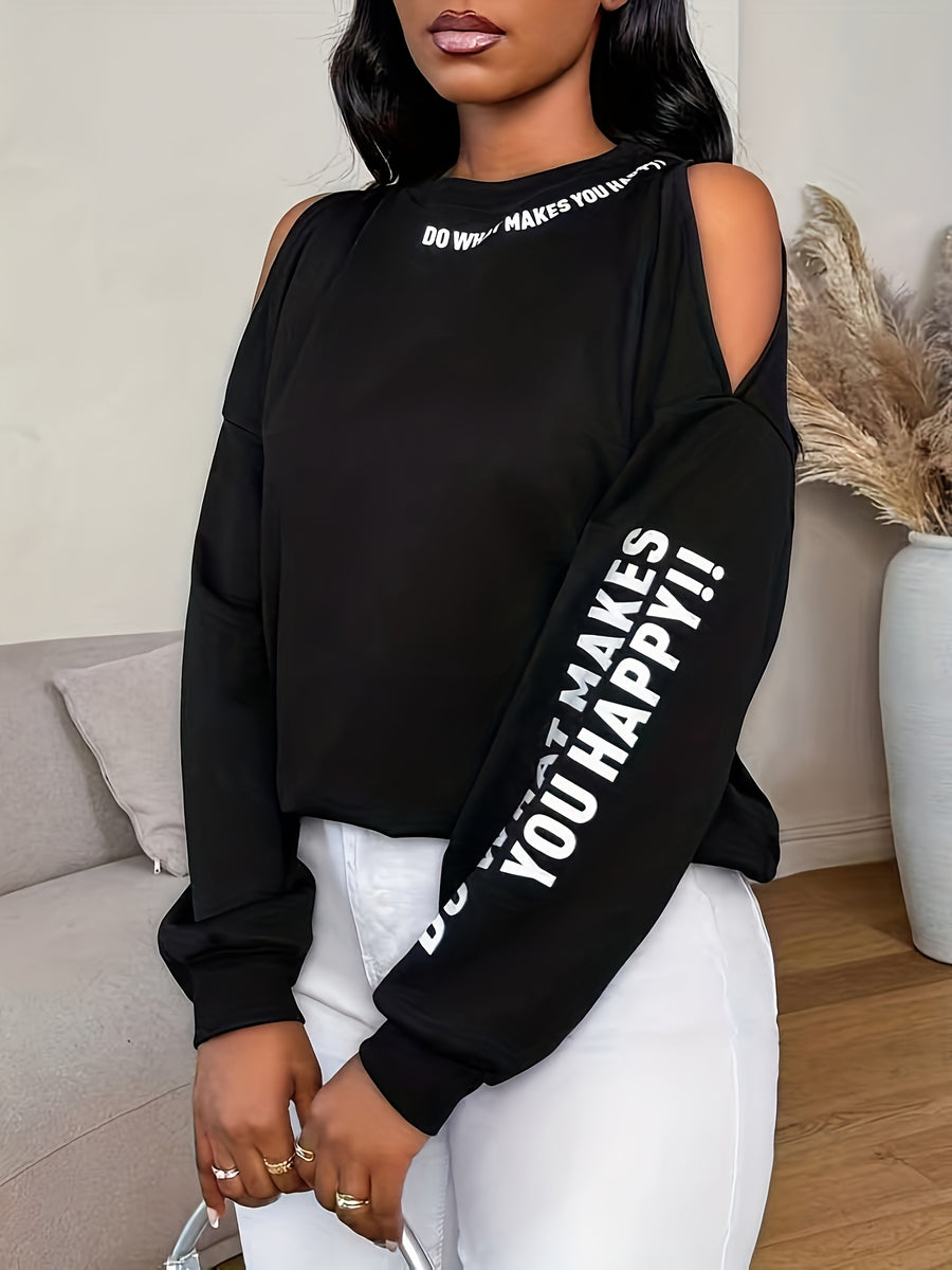Women'S Loose Casual Letter Print Off-Shoulder Long Sleeve Base Layer Sweatshirt, Spring Autumn Commute Back-To- Outfit - Black