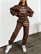 Autumn/Winter Trendy Fashion Women's Hooded Drawstring Sweatshirt and Sweatpants Set. Features a Hooded Drawstring Design and a Front Kangaroo Pocket on the Sweatshirt for Comfortable Cold-weather Wear. Classic Silhouette with a Comfortable Fit. - Coffee Color
