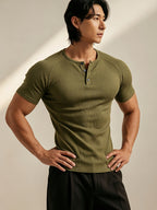 Men's Vertical Ribbed Pin Stripe Henley Neck Short Sleeve T-Shirt, Slim Fit Muscle-Defining Shaping Top, Stretchy Breathable Ribbed Raglan Sleeve Knitwear, Versatile Henley Shirt for Fitness, Commuting, and Daily Wear - Olive Green
