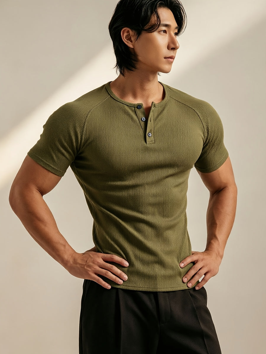 Men's Vertical Ribbed Pin Stripe Henley Neck Short Sleeve T-Shirt, Slim Fit Muscle-Defining Shaping Top, Stretchy Breathable Ribbed Raglan Sleeve Knitwear, Versatile Henley Shirt for Fitness, Commuting, and Daily Wear - Olive Green