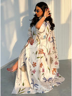 Elegant Print Abaya 2pcs Set with Hijab | Muslim Women Open Front Long Kaftan - White