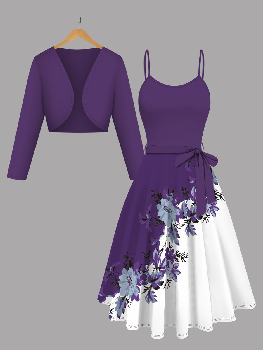 Women's Suit Blue Cardigan Jacket and Flower Print Contrasting Color Suspender Dress with Lace-up 2pcs Set Temperament Daily Party Ladies' Clothing - Purple