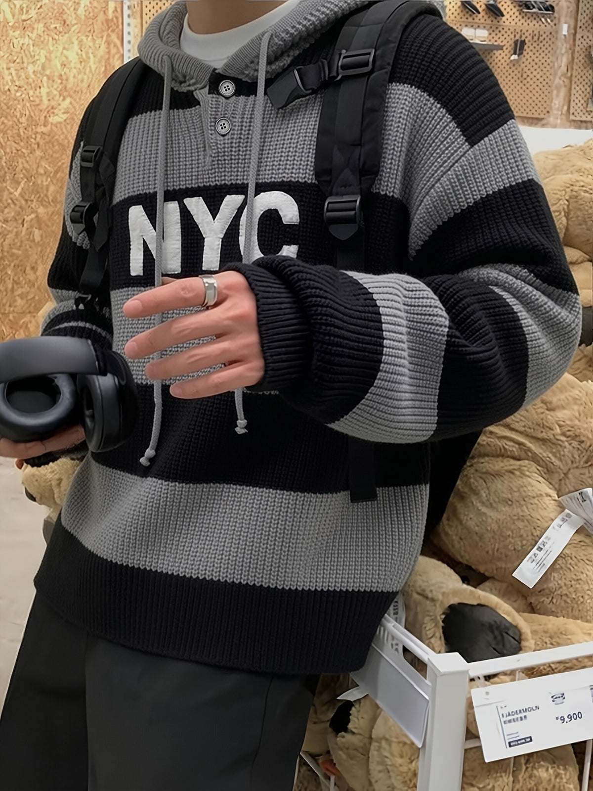 Autumn/Winter Warm Striped New Versatile Casual Men's Knit Pullover Sweater with Embroidered Letters, Drawstring, Button Hood, Long Sleeves, for Work, School, Dating, and Commuting - Grey