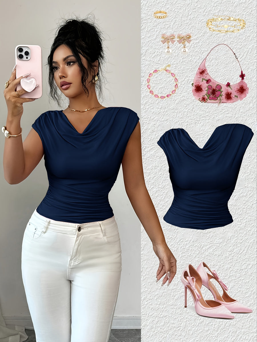 Spring/Summer Fashionable and Elegant Ruffle Pleat Collar Daily Casual T-Shirt - Blue