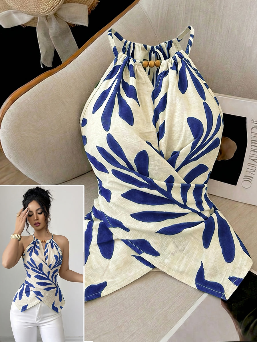 Women'S Casual Vest, Plant Print Cross Back Tie Off-Shoulder Vest, Suitable for Shopping, Vacation, Beach, Travel, Casual Wear - Blue
