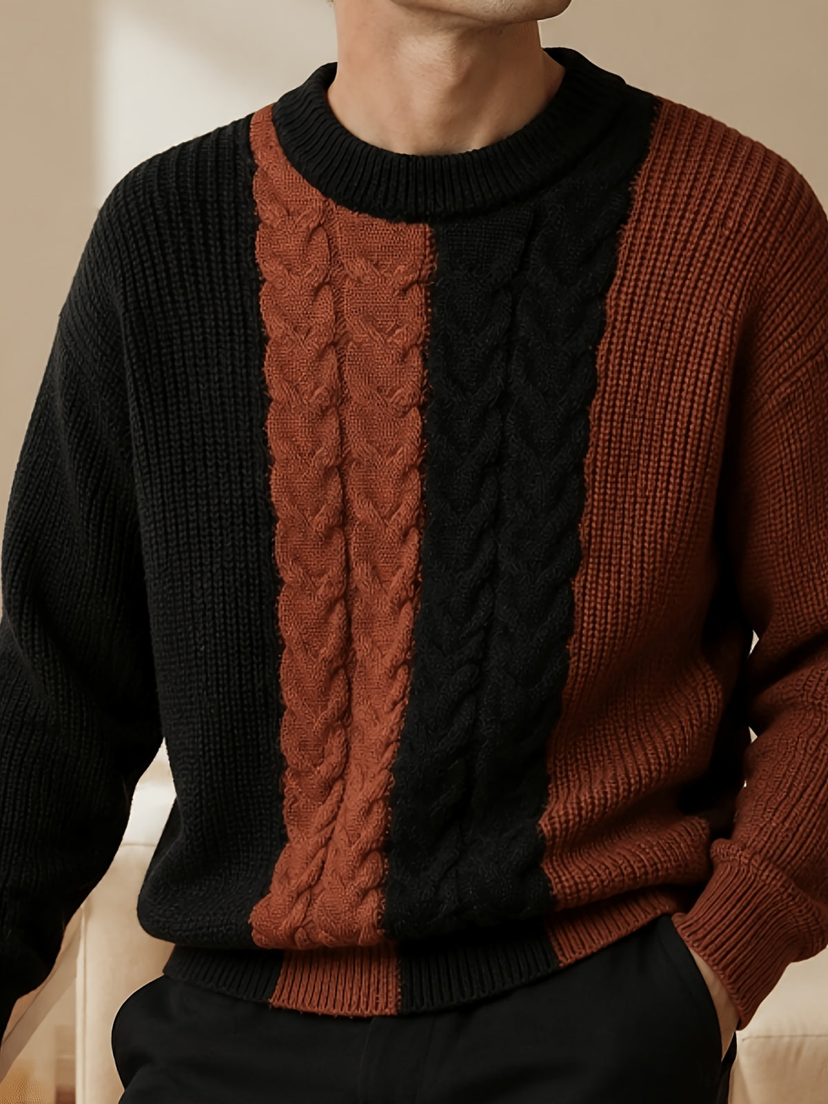 Men's Du Jing Lan OBM Color Block Knit Sweater - Old Money Style Round Neck Pullover with Contrast Long Sleeves, Business Casual Ribbed Sweater Suitable for Layering, Golf, Outdoor & Daily Wear, Spring/Autumn Winter Wardrobe Essential - Brown