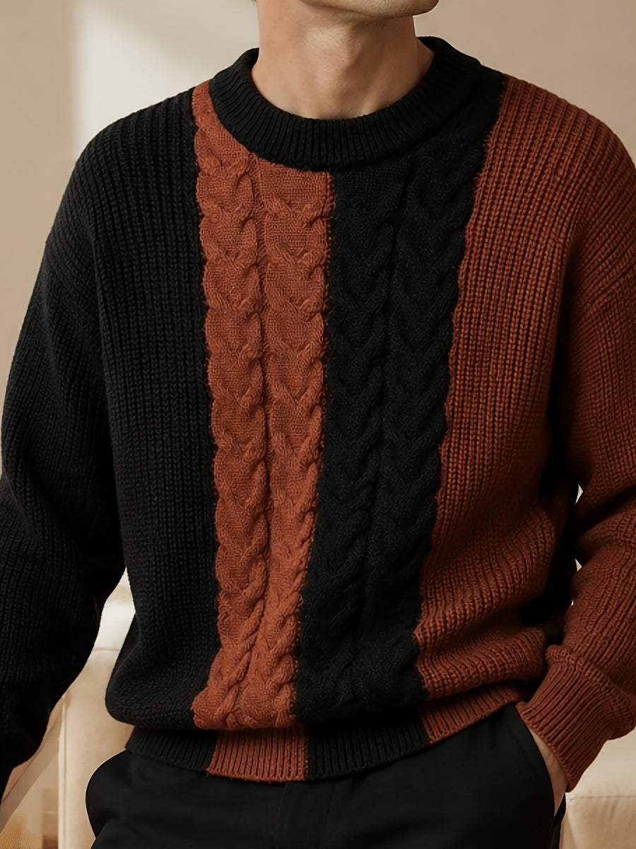 Men's Du Jing Lan OBM Color Block Knit Sweater - Old Money Style Round Neck Pullover with Contrast Long Sleeves, Business Casual Ribbed Sweater Suitable for Layering, Golf, Outdoor & Daily Wear, Spring/Autumn Winter Wardrobe Essential - Brown