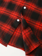 Men's Casual Plaid Button-Up Shirt - Short Sleeve, Black & White Polyester Fabric, Classic Collar, Machine Washable, Perfect for Casual Attire, Versatile Layering Piece | Classic Plaid Shirt | Mandarin Collar Shirt - Red