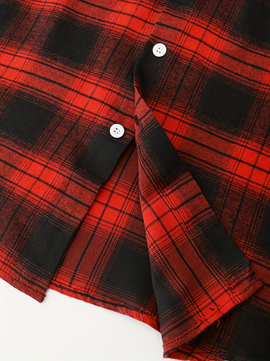Men's Casual Plaid Button-Up Shirt - Short Sleeve, Black & White Polyester Fabric, Classic Collar, Machine Washable, Perfect for Casual Attire, Versatile Layering Piece | Classic Plaid Shirt | Mandarin Collar Shirt - Red