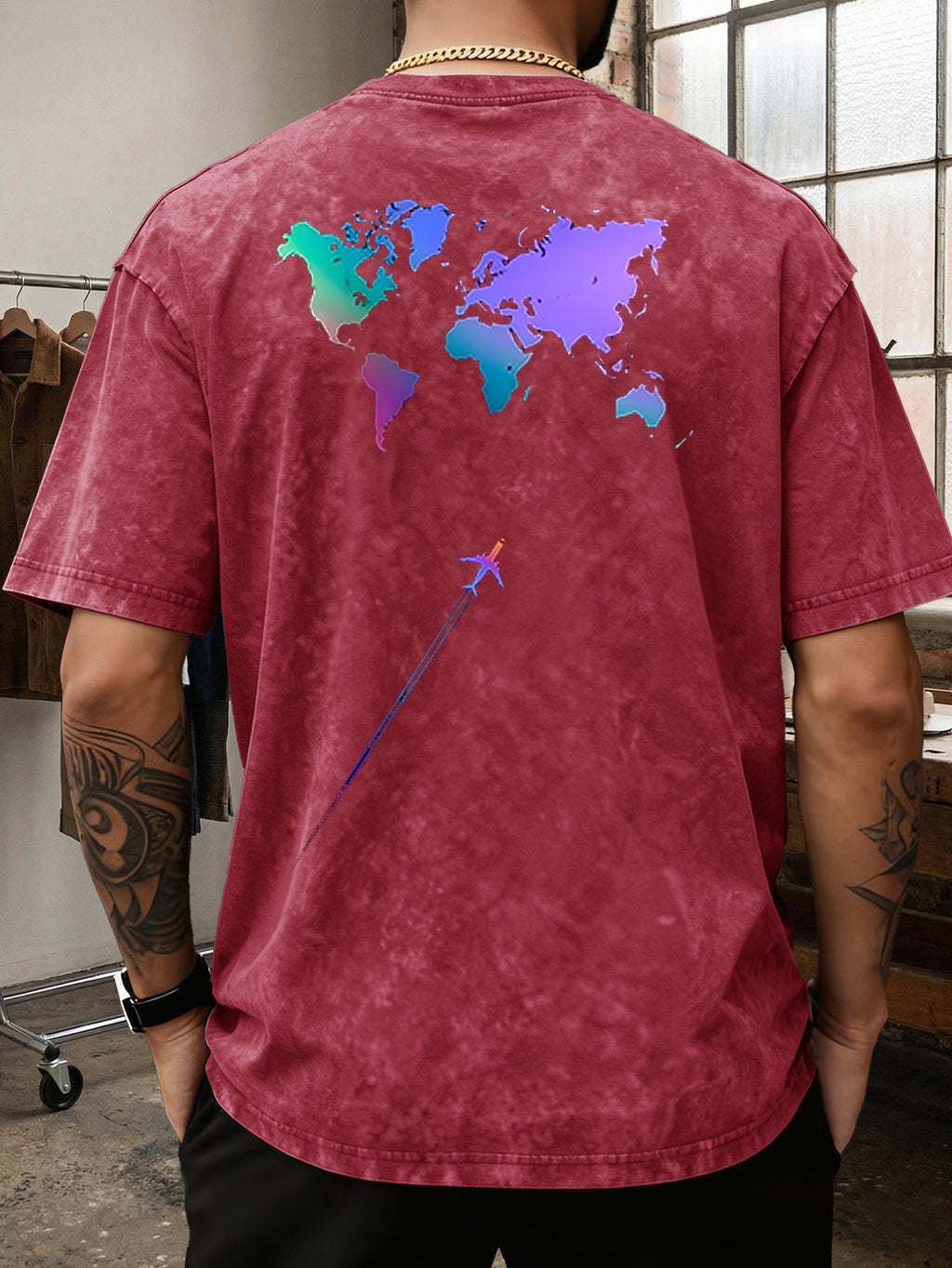 Men's Heavyweight T-Shirt Washed Distressed Gradient World Map Airplane Fashion Print Vintage Heavy Cotton Streetwear High Street Style Summer Casual Versatile Gym Fitness Daily Commute Tee 2026 Urban Fashion - Red