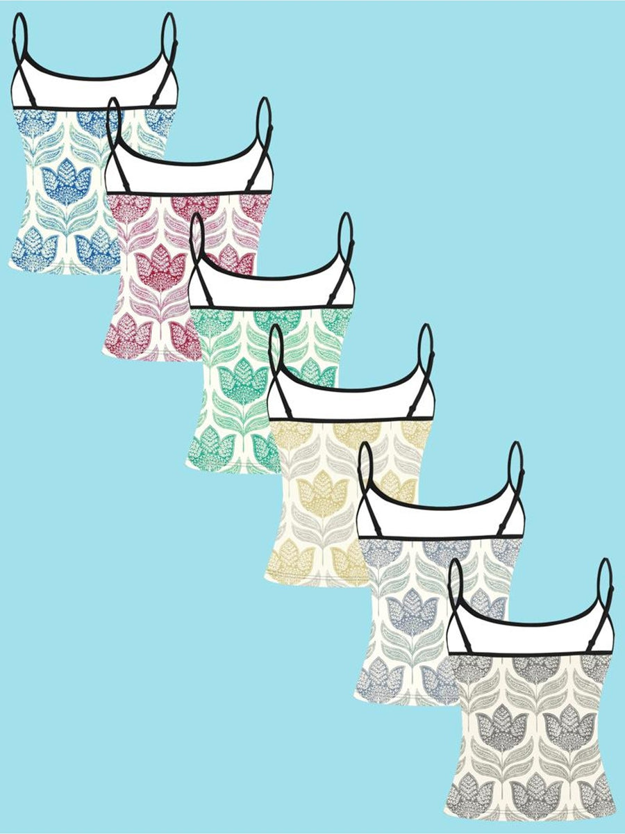 6pcs Women'S Camisole Vest Set, Floral Print, Fabric, Multi-Color And Multi-Size Available, Thin Straps with Black Neckline Trim, Ideal for Daily Wear And Casual Outings, Fashionable And Comfortable