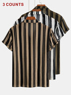 Men'S 3-pc Striped Knit Camp Shirts, Casual Short Sleeve Button- Beach Vacation Tops, Breathable Semi-Sheer Summer Shirts - Brown + White + Green