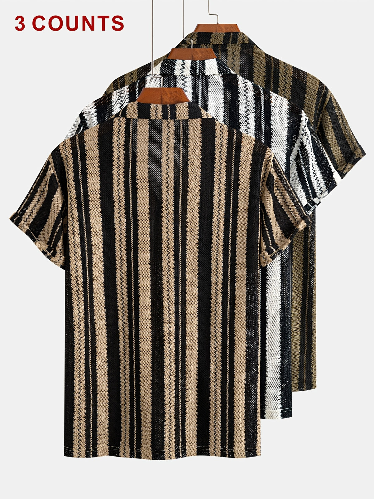 Men'S 3-pc Striped Knit Camp Shirts, Casual Short Sleeve Button- Beach Vacation Tops, Breathable Semi-Sheer Summer Shirts - Brown + White + Green