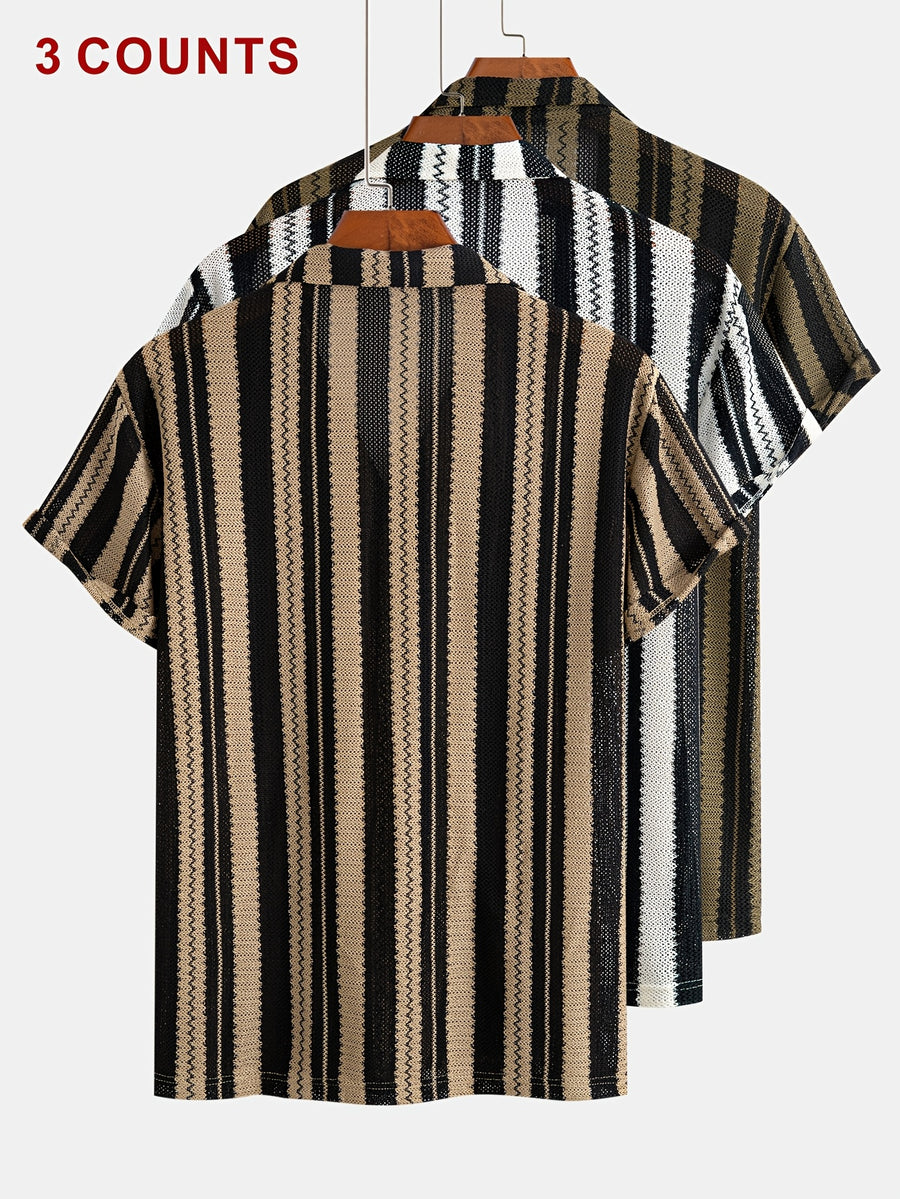 Men'S 3-pc Striped Knit Camp Shirts, Casual Short Sleeve Button- Beach Vacation Tops, Breathable Semi-Sheer Summer Shirts - Brown + White + Green
