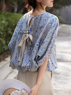 Elegant Blue and White Paisley Print Shirt, Bat Sleeves, Loose Fit Women's Round Neck Top, Women's Shirt - Light Blue