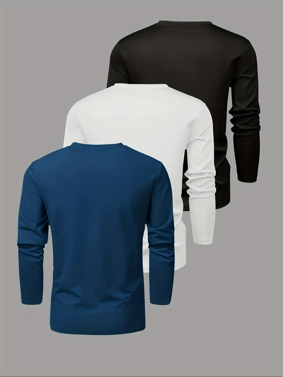 Set of Three Men'S Long-Sleeve T-Shirts, Featuring Print Regular Long-Sleeve Shirts for Spring And Autumn, Suitable for Outdoor Sports And Casual Wear - Black Blue White
