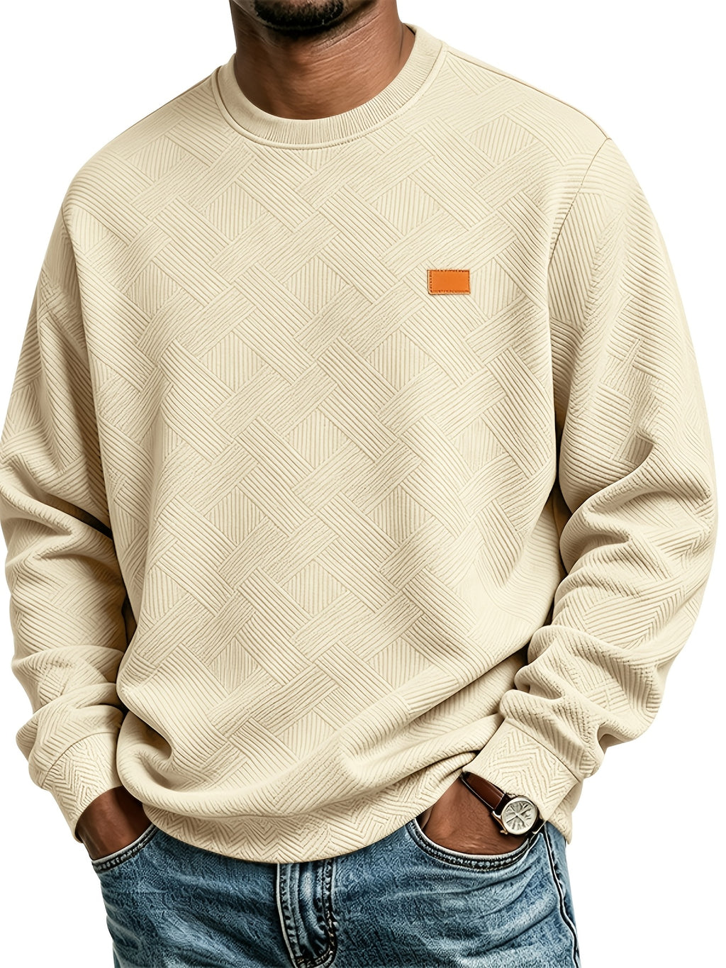 Men'S Fall Winter Crew Neck Sweatshirt 3D Textured Long Sleeve Pullover Loose Fit Casual Sports Commute Daily Home Outer Top Plus Size - Apricot