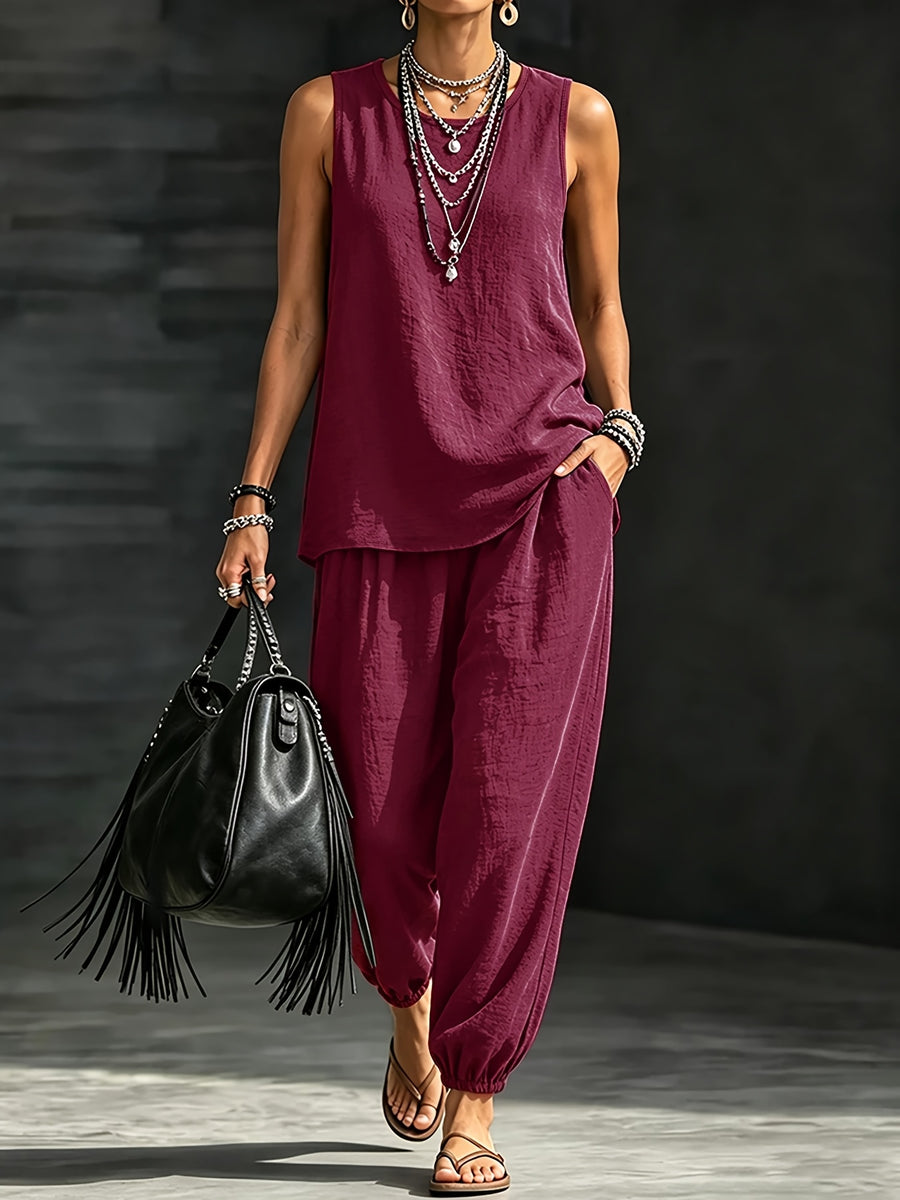 Women's Casual Vacation Solid Color 2pcs Set: Round Neck Top + Loose Fit Cuffed Pants - Burgundy