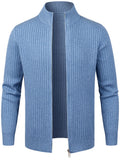 2026 Spring/Fall New Men'S Knitted Rib-Striped Zip-Up Cardigan | Stand Collar, Medium Stretch Fabric, Long Sleeve, Casual And Versatile Fit Minimalist Layering - Sea Polish
