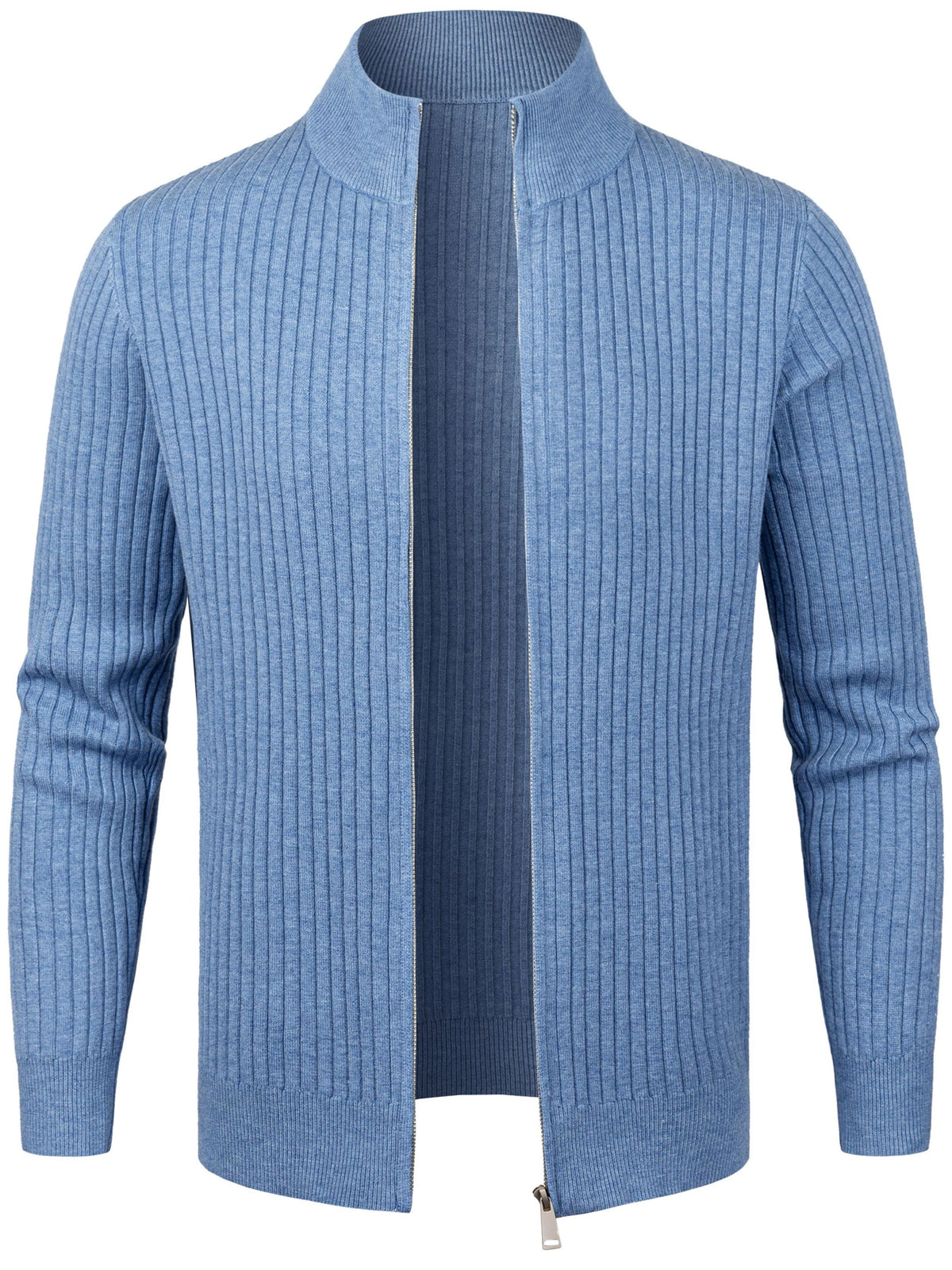 2026 Spring/Fall New Men'S Knitted Rib-Striped Zip-Up Cardigan | Stand Collar, Medium Stretch Fabric, Long Sleeve, Casual And Versatile Fit Minimalist Layering - Sea Polish