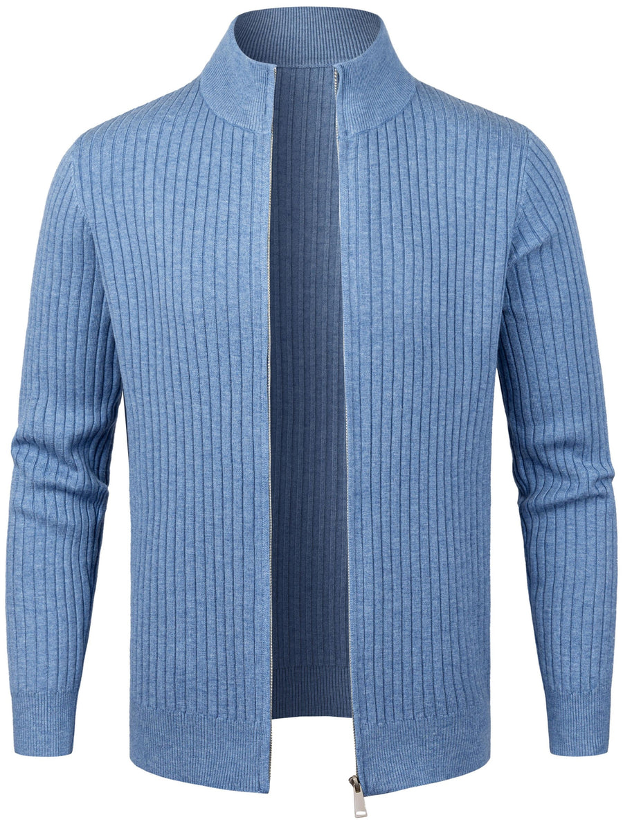 2026 Spring/Fall New Men'S Knitted Rib-Striped Zip-Up Cardigan | Stand Collar, Medium Stretch Fabric, Long Sleeve, Casual And Versatile Fit Minimalist Layering - Sea Polish