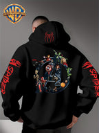 Men'S Trendy Fall Hoodie, American Superhero Collection Print Hooded Sweatshirt, Unisex Loose Street Style Casual Top. Casual Daily Style with Drawstring Design, Long Sleeve Knit Sweater, Machine Washable, Perfect for Casual, Athletic - Black