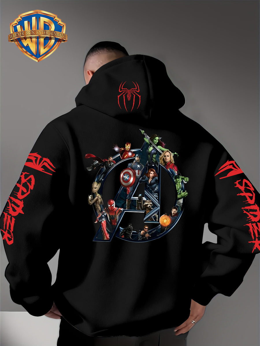 Men'S Trendy Fall Hoodie, American Superhero Collection Print Hooded Sweatshirt, Unisex Loose Street Style Casual Top. Casual Daily Style with Drawstring Design, Long Sleeve Knit Sweater, Machine Washable, Perfect for Casual, Athletic - Black