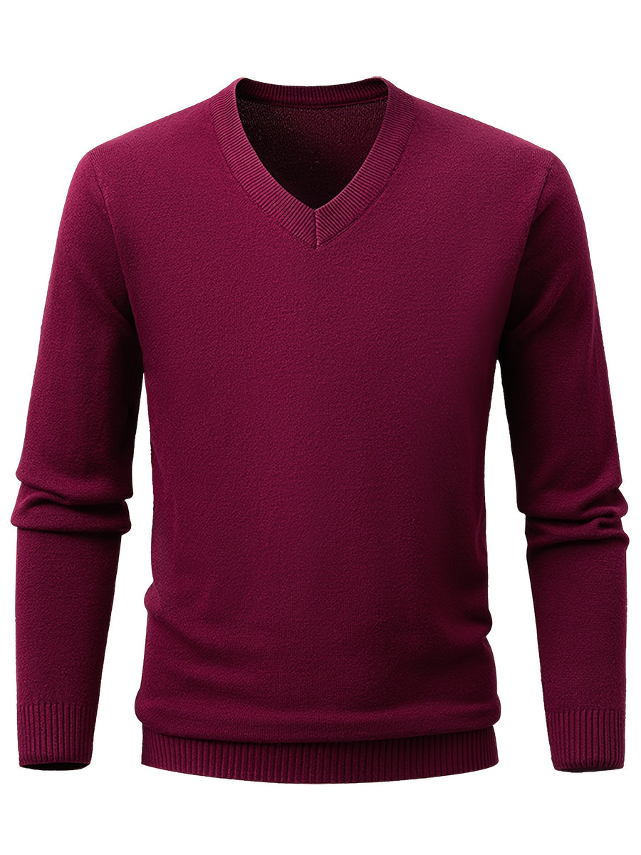 Autumn/Winter New V-Neck Solid Color Pullover Casual Versatile Knit Top for Men - Burgundy