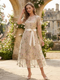 Ladies' Elegant Vintage Mesh Embroidered 50S Belt Vintage Commuter Suit Dress - Khaki
