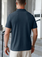 Men'S Waffle Texture Mandarin Collar Polo Shirts, Lightweight Quick-Dry Stretch Short Sleeve Summer Business Casual Tees - Blue