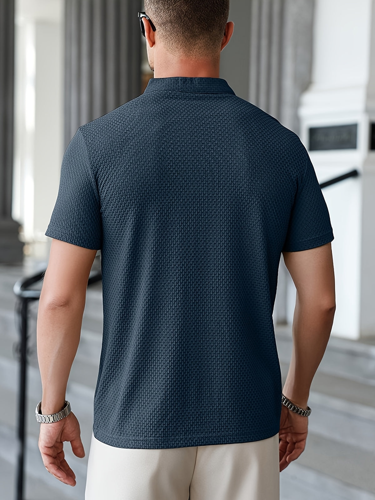Men'S Waffle Texture Mandarin Collar Polo Shirts, Lightweight Quick-Dry Stretch Short Sleeve Summer Business Casual Tees - Blue