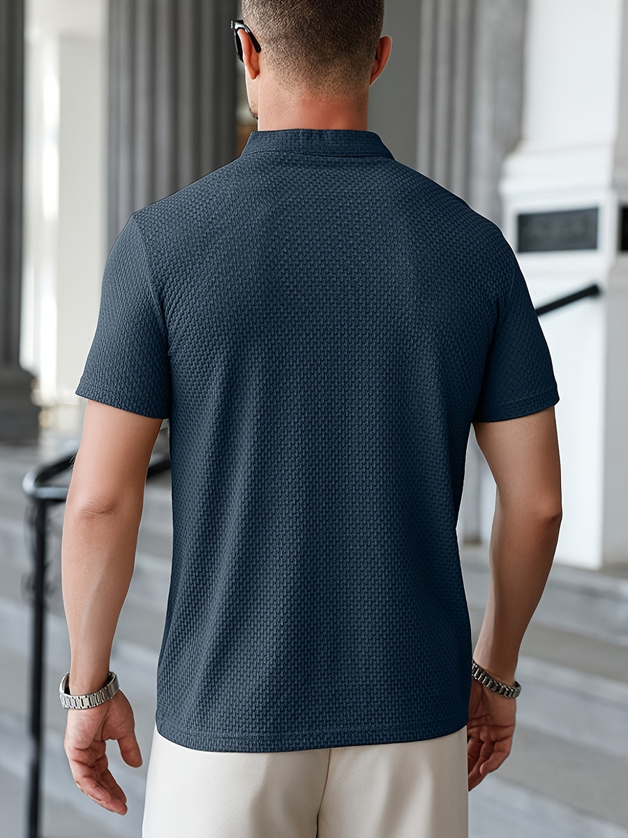 Men'S Waffle Texture Mandarin Collar Polo Shirts, Lightweight Quick-Dry Stretch Short Sleeve Summer Business Casual Tees - Blue