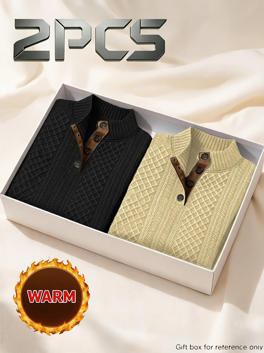 2pcs Men'S Autumn Winter Season Knit Jacquard Long Sleeve Top, Fashionable Small Stand Collar Color Block And Niche Metal Button Design, Warm Knit Casual Sweatshirt, Solid Color Long Sleeve Thick Soft Warm Fleece, Men'S Polo Athletic Sweater - Black + Khaki