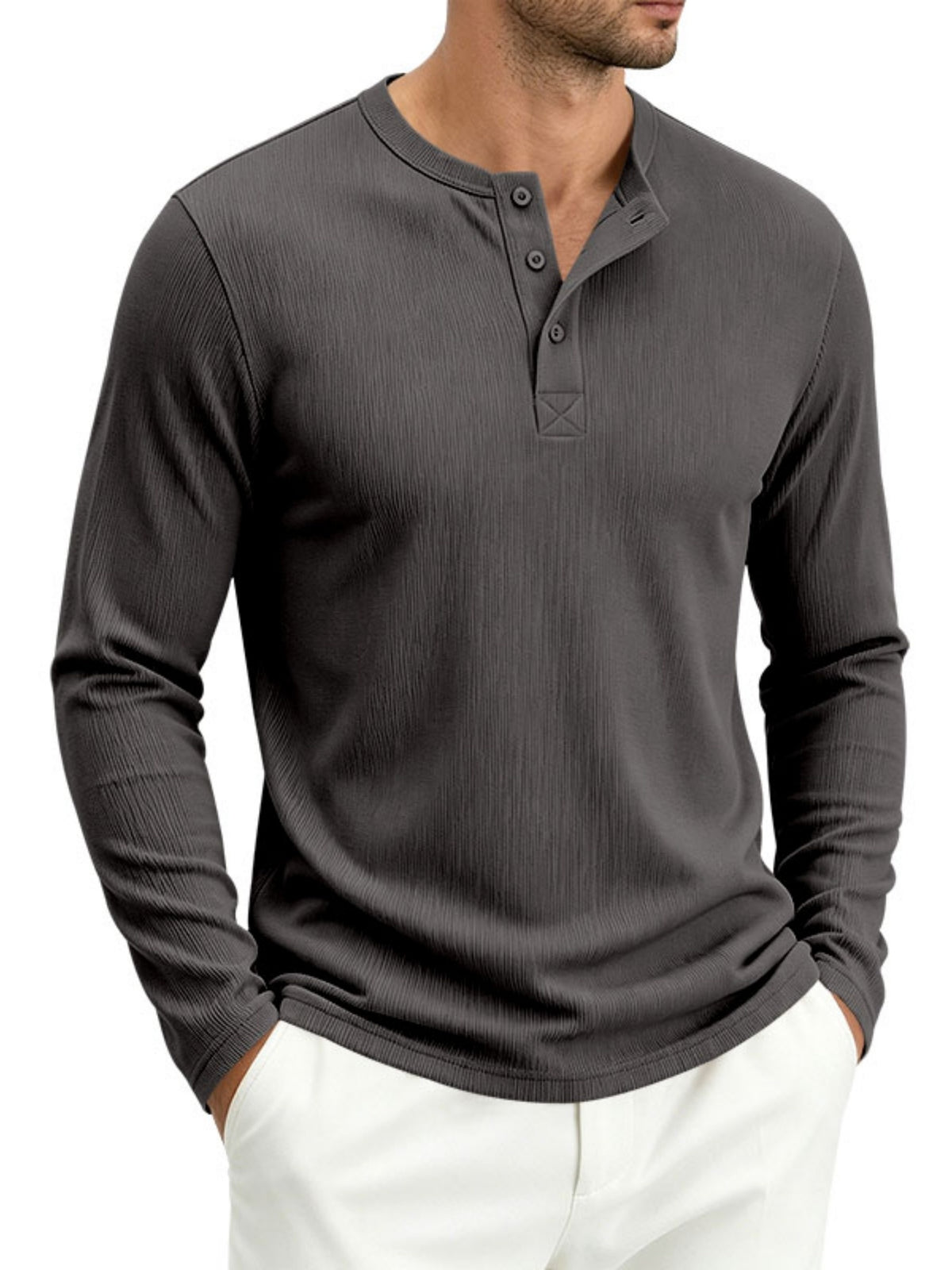 Men's Spring Fall Heavyweight Ribbed Henley Shirt, American Retro Casual Long Sleeve Top, Breathable Loose Commute Henley Neck Tee - Grey