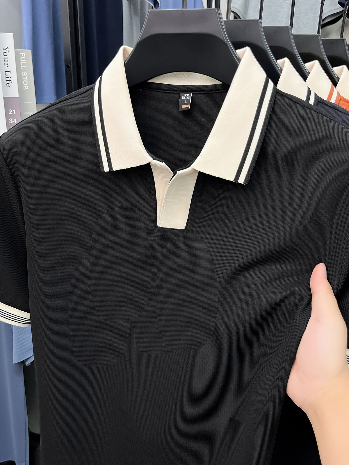 [Shule Water OBM] Summer Men'S Short Sleeve T-Shirt, Contrast Striped Cool Business Casual Versatile Top, Mid-Age Men'S Short Sleeve Collared Polo Shirt (72616) - Black